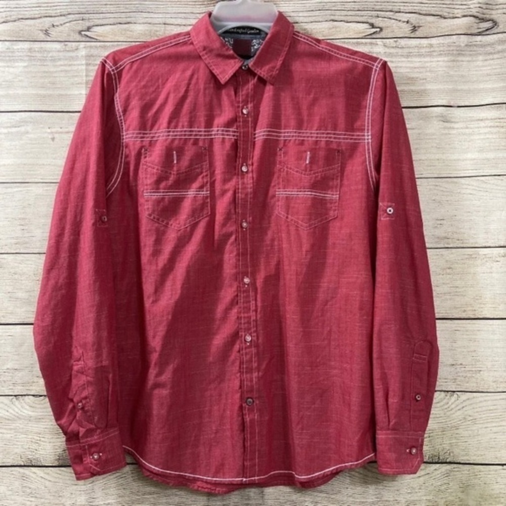 Tranquility Mayhem Men’s Long Roll Tab Sleeve Button Down Shirt Red Size Medium